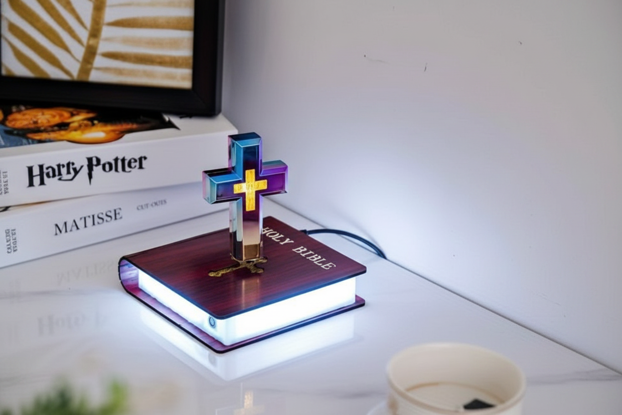 A modern corner with a Floating Cross Lamp glowing brightly, casting a soft white light in a room with dusty lilac and soft l