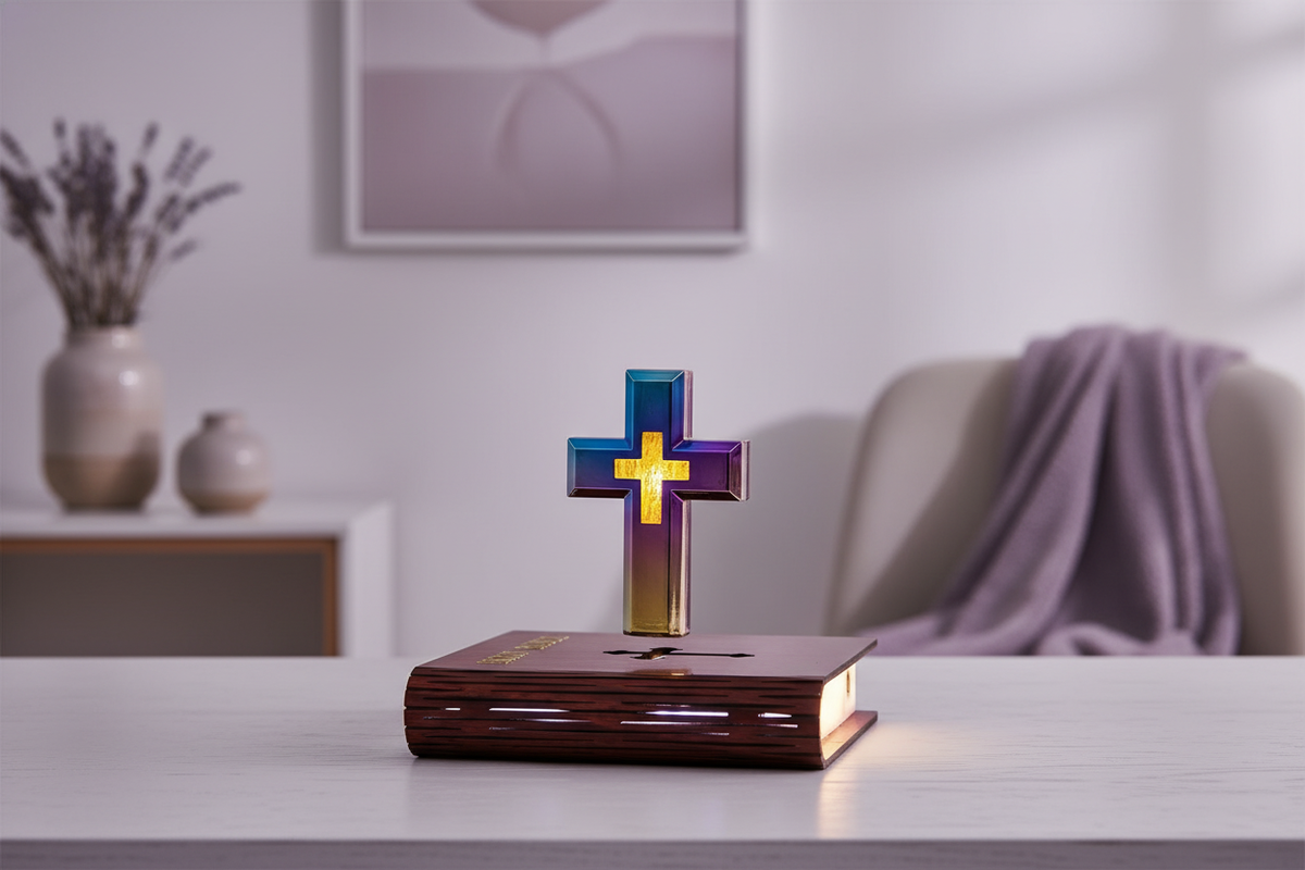 A Floating Cross Lamp with a levitating cross, on a soft white surface in a cozy, modern setting with lavender and lilac acce